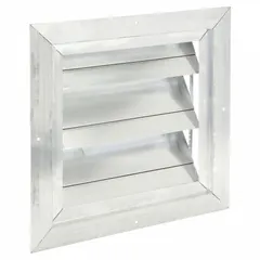 Aluminum wall-mount backdraft damper with single panel flat blade design. Mounts vertically for horizontal airflow, maximum air velocity 2250 fpm. Prevents reverse airflow in exhaust systems when fan is off.