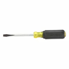 Slotted screwdriver with a 1/4 in tip and 4 in shank length. Steel blade with cushion grip handle. Used for turning slotted screws in general fastening tasks.
