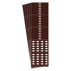 Adhesive pipe marker for identifying gas piping systems. Brown background with white legend text and directional arrows. Fits pipes with outer diameter of 3/4 inch and smaller. Pack of 5 markers.