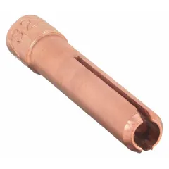 Standard collet for TIG welding torches, designed to hold and align electrodes up to 3/32 in diameter. Supplied in a 5-pack, part number 13N23. Used in fabrication and repair applications requiring consistent electrode positioning for stable arc performance.
