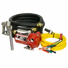 This portable DC-powered fuel transfer pump operates on 12 V DC with a 1/6 hp motor and delivers a maximum flow rate of 12 gpm. It is supplied as a pump with hose and nozzle, suitable for transferring diesel, kerosene, and other non-flammable fluids from drums or tanks. The unit does not include a meter.