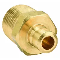 Brass-bodied quick-connect coupling plug with 1/8"-27 thread and 22.71 lpm maximum flow rate. Used for hydraulic systems requiring tool-free connections in fluid power circuits