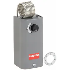 Steel-enclosed line-voltage thermostat for indoor single-stage cooling control. Features a hydraulic air coil and SPST switch (close on rise) with a 3.5°F differential. Operating range 30° to 110°F at 120 to 270V AC. Suitable for regulating unit heaters or fan coils in commercial or industrial HVAC systems.