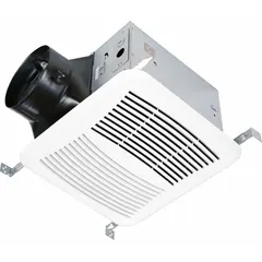 Ceiling-mounted exhaust fan for residential bathrooms, removing moisture, odors, and stale air. Single-speed operation with round duct connection. Includes backdraft damper. Powered by 115V AC.