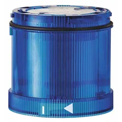 Multimode light module for visual signaling in industrial environments. Operates at 115V AC with a blue lens. Supports flashing, steady, and strobe light modes. Compatible with KombiSIGN 71 series. Overall diameter 70 mm, overall height 66 mm.