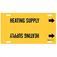 Yellow pipe marker with black legend reading 'Heating Supply' and directional arrows. Fits pipe outer diameters of 6 to 7-7/8 inches. Supplied as a single strap-on marker for identifying heating supply lines in piping systems