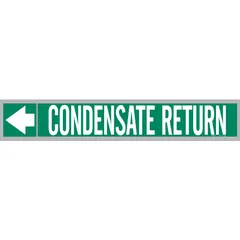 Green adhesive pipe markers with white legend reading 'Condensate Return' and directional arrows. Each roll contains 25 markers designed for pipe outer diameters of 1-1/2 to 2 inches. Used to identify condensate return lines in steam and HVAC piping systems.