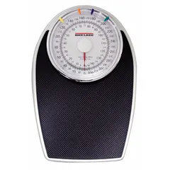 Analog dial bathroom scale with an 8-inch weighing surface. Weighs in kilograms and pounds, with primary unit in kg. Suitable for personal weight measurement in home or light commercial settings.