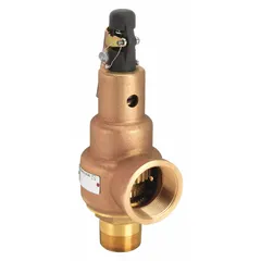 This ASME Section I steam pressure relief valve features a bronze body with 1 1/2 in MNPT inlet and 2 in FNPT outlet. Rated for a maximum operating pressure of 264 psi, it is designed to protect boilers and pressure vessels from overpressure in industrial steam systems.