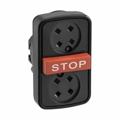 Non-illuminated multihead push-button operator from the XB5 series with an extended profile and three momentary buttons, including a Stop function. Suitable for control panel applications requiring multiple push-button functions such as machine start/stop and multi-function control in industrial environments.