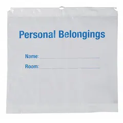 Single-use medical bag made of white plastic with a drawstring closure. Measures 20 inches in length and width. Latex-free construction. Suitable for storing and transporting patient personal items in healthcare settings.