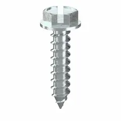 Steel, zinc-plated, slotted hex washer head sheet metal screw. #8 size, 3/4 in length, 1/4 in drive size. Pack of 1,000. Used for fastening sheet metal in applications such as HVAC ductwork, metal roofing, and industrial enclosures.