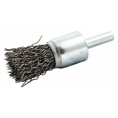 This light-cleaning brush is designed for carbon steel surfaces. It features a crimped steel fill with a 3/4 in diameter and 0.02 in fill diameter, mounted on a 1/4 in shank. Suitable for removing rust, scale, and light burrs from corners, edges, and hard-to-reach areas in metal fabrication and maintenance tasks.