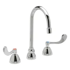 This widespread kitchen faucet is constructed from brass with a chrome finish. It is designed for deck mounting with three mounting holes. Suitable for commercial or residential kitchen sinks requiring a three-hole configuration.