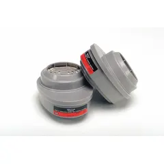 This combination cartridge/filter provides protection against organic vapors and P100 particulate hazards. It features a bayonet connection for use with MSA Advantage 420 Series reusable respirators. Sold in a 2-pack, the black/magenta cartridge integrates both vapor and particulate filtration. Typical applications include industrial environments where organic vapors and particulates are present.