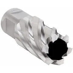 This high-speed steel annular cutter is designed for stacked drilling operations in metalworking. It features a 26 mm cutter diameter and a 1 in maximum cutting depth with a bright finish. The Weldon Flat shank provides secure tool holding. Suitable for cutting clean holes in stacked materials such as steel plates.