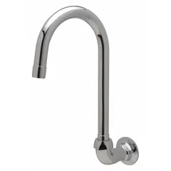 This ZURN gooseneck spout is made of brass with a chrome finish and features a rigid/swivel design. It includes a centerline wall-mounted spout with a compensating aerator, delivering a flow rate of 2.2 gpm. Suitable for commercial wall-mounted faucet applications in restrooms, kitchens, and institutional settings.