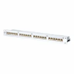 This 24-port patch panel features an anodized aluminum housing with silver RJ45 connectors and a 180° mounting angle. Designed for rack mounting, it is unequipped, allowing custom connector installation for structured cabling in network infrastructure.