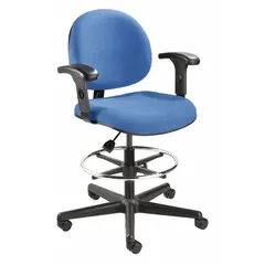 This drafting chair from the Lexington series features a blue fabric seat with 18-inch width and depth, adjustable arms, and a black nylon frame. Designed for elevated seating at drafting tables or workstations, it supports extended seated tasks in technical environments.