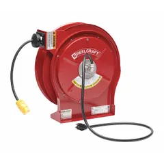 Self-retracting cord reel with ratchet lock mechanism. Includes 50 ft of 12 AWG SJEOOW cable, a NEMA 5-15P feeder plug, and a NEMA 5-15R retractable receptacle. Used for managing power supply in workshops, warehouses, and industrial facilities.