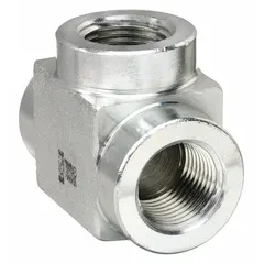 Steel hydraulic hose adapter with three 3/8-inch female NPTF connections in a rigid tee configuration. Used to branch hydraulic lines in industrial fluid power systems, enabling distribution from a single source to two branches.