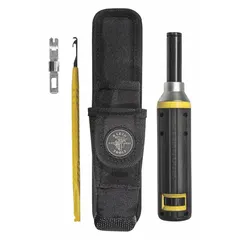 This spring-loaded punchdown tool kit supports both terminate and cut functions on 110 and 66 blocks. It features a cushion grip for comfort and a reinforced puncture-resistant bottom. Includes a wire pick for wire management. Suitable for telecommunications and data networking installations.