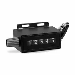This mounted mechanical counter features a right-hand top coming (TC) operation and a white 5-digit display. It is designed for base mounting in fixed installations to count mechanical strokes or cycles in industrial machinery such as presses and packaging equipment.