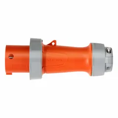 This LEVITON washdown-rated pin and sleeve plug is designed for industrial environments requiring a water-resistant connection. It is rated 125/250V AC, three-phase, 100 A, with 3 poles and 4 wires, and features IEC grounding. Typical applications include food processing, washdown areas, and heavy-duty manufacturing where three-phase power is needed.