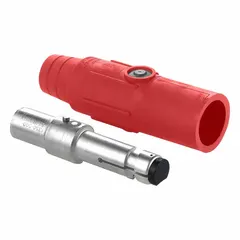 Male plug with crimp tube termination rated 600 A at 600V AC/600V DC. Red housing. Designed for inline high-current connections in industrial power distribution, welding equipment, and heavy machinery.