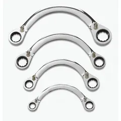 This set includes four SAE double-end 12-point ratcheting box end wrenches made of alloy steel with a chrome finish. Each wrench features a 0° head offset angle and reversing capability, allowing for efficient tightening and loosening of fasteners in confined spaces. The set is organized in a tray for convenient storage and transport, suitable for mechanical repair and assembly tasks.