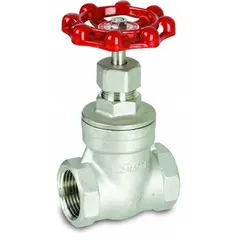 This SHARPE gate valve features a non-rising stem design with FNPT x FNPT connections and a wheel operator. The bonnet is made of 316 stainless steel, and the solid wedge is constructed from CF8M stainless steel. It is used for on-off flow control in general-purpose industrial piping systems handling water, oil, gas, and non-corrosive fluids.