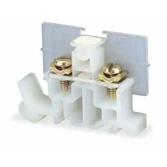 This SQUARE D pass-through block features screw clamp wire termination with two wire terminals, accepting a minimum wire size of 18 AWG. It is used for connecting and distributing wires in control panels and industrial wiring applications.