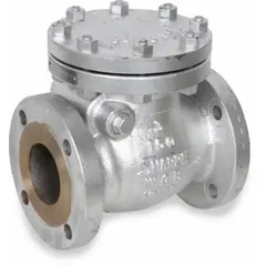 This SHARPE inline swing check valve features a carbon steel body and metal seat, designed for flange x flange connections in 10-inch pipe systems. Rated for temperatures up to 650°F, it provides backflow prevention in industrial piping applications where one-way flow is required.