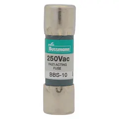 Fast-acting cylindrical fuse rated 10 A at 250 V AC. Midget size (13/32 x 1-3/8 in) with non-indicating design. Used for overcurrent protection in control panels, motor starters, and lighting circuits where rapid response is required.