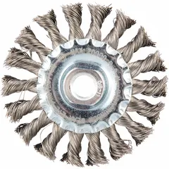 This heavy-cleaning brush is designed for contoured stainless steel surfaces. The twisted stainless steel bristles remove rust, scale, and weld splatter without contaminating the workpiece. It features a 4" diameter, 1/2" width, and a 5/8"-11 arbor. Suitable for metal fabrication and maintenance applications.