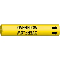 Yellow snap-on pipe marker with black 'Overflow' legend and directional arrows. Fits pipe outer diameters from 2-1/2 to 3-7/8 inches. Used to identify overflow piping in industrial facilities, aiding maintenance and safety personnel in pipe content recognition