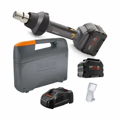 Cordless heat gun operating on 18V DC power, with adjustable temperature range from 120°F to 1,022°F and maximum airflow of 10.5 cfm. Kit includes two 12.0 Ah batteries and a charger. Suitable for shrink tubing, paint stripping, bending plastics, and thawing pipes in field service, maintenance, and construction tasks.