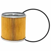 Cartridge-type diesel fuel filter with cellulose media and an attached grommet. Outside diameter 4 1/4 in, inside diameter 7/8 in. Designed for use in diesel fuel systems to remove contaminants and protect engine components. Compatible with DAHL vehicles