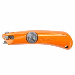 This fully automatic retracting utility knife features a plain metal construction with a steel blunt tip. It has an overall length of 6 inches and an overall width of 1 1/2 inches. Suitable for cutting tasks in packaging, warehousing, and manufacturing environments.