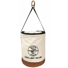 Canvas bucket bag in off-white, 22 inches tall, with a zipper closure and a single handle featuring a snap hook. Includes one pocket for organizing tools and small parts. Suitable for carrying hand tools, meters, and accessories to job sites.