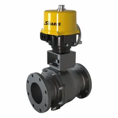 This SHARPE electrically-actuated ball valve features a 2-inch carbon steel body with flange x flange connections and a 120V electric actuator. The actuator includes a manual override for local operation and an ISO 5211 mounting pad. Typical applications include automated on/off flow control in industrial piping systems handling water, oil, gas, and other media.