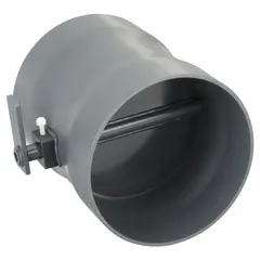 PVC butterfly damper designed for 8 in duct diameter. Inlet diameter is 8 5/8 in, overall length is 10 1/2 in. Used to regulate or isolate airflow in duct systems, suitable for fume exhaust, ventilation, and low-pressure industrial air-handling applications where corrosion resistance is required.