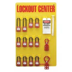 This SKILCRAFT lockout station is a plastic, open-front unit designed to organize and store lockout/tagout devices. It comes filled with 10 lockout tags bearing the legend 'Do Not Operate' and includes keyed different padlocks. The station provides board-only visibility and is suitable for use in industrial facilities to support energy-control procedures.