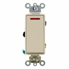 Single pole, maintained rocker switch rated for 120V AC and 20 A. Non-illuminated ivory finish. Suitable for on/off control of lighting or other electrical loads from one location in residential, commercial, or industrial installations.