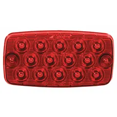 Red rectangular LED combination light for stop, turn, and tail functions. Features a permanent screw mount and wire leads. Complies with SAE J1395 standards. Suitable for exterior vehicle lighting on trailers, trucks, and heavy equipment.