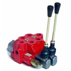 This manual spool monoblock valve features a four-way, three-position design with a tandem center spool and spring-centered return to neutral. It is used for directional control in hydraulic systems, such as those found in mobile equipment and industrial machinery.