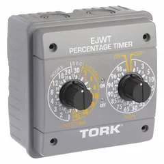 Indoor surface-mount electromechanical timer switch with a metal body. Provides SPDT switching for 24-hour percentage cycle control of electrical loads.