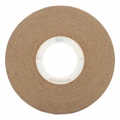 3M 924 is a reverse-wound adhesive transfer tape with a permanent acrylic adhesive on a transparent, UV-resistant carrier. It is 36 yards long and 2 mil thick, with a kraft paper liner. This tape is used for bonding applications such as gasket mounting, nameplate attachment, and splicing.