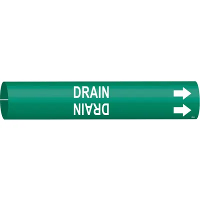 BRADY Pipe Marker: Drain, Green, White, Fits 3/4 to 1 3/8 in Pipe O.D., 1 Pipe Markers - Drain Snap-On Pipe Markers