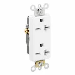 This duplex general purpose receptacle is rated 20 A at 250 V AC with a NEMA 6-20 configuration. It features a 2-pole/3-wire design for grounding and is suitable for heavy-duty applications such as powering welders, compressors, and HVAC units in commercial and industrial settings.